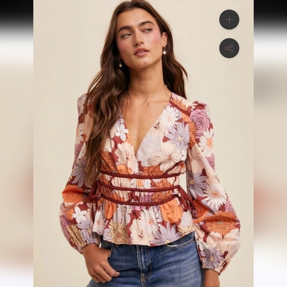 LISTICLE Floral V-Neck Blouse | Smocked Waist Romantic Boho Top.Size S (NWT) - Picture 4 of 16